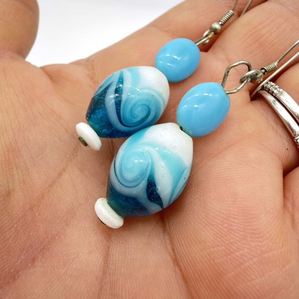 Vtg Lampwork Glass Earrings Aqua Blue Swirl Dangle Silver Tone Murano Czech